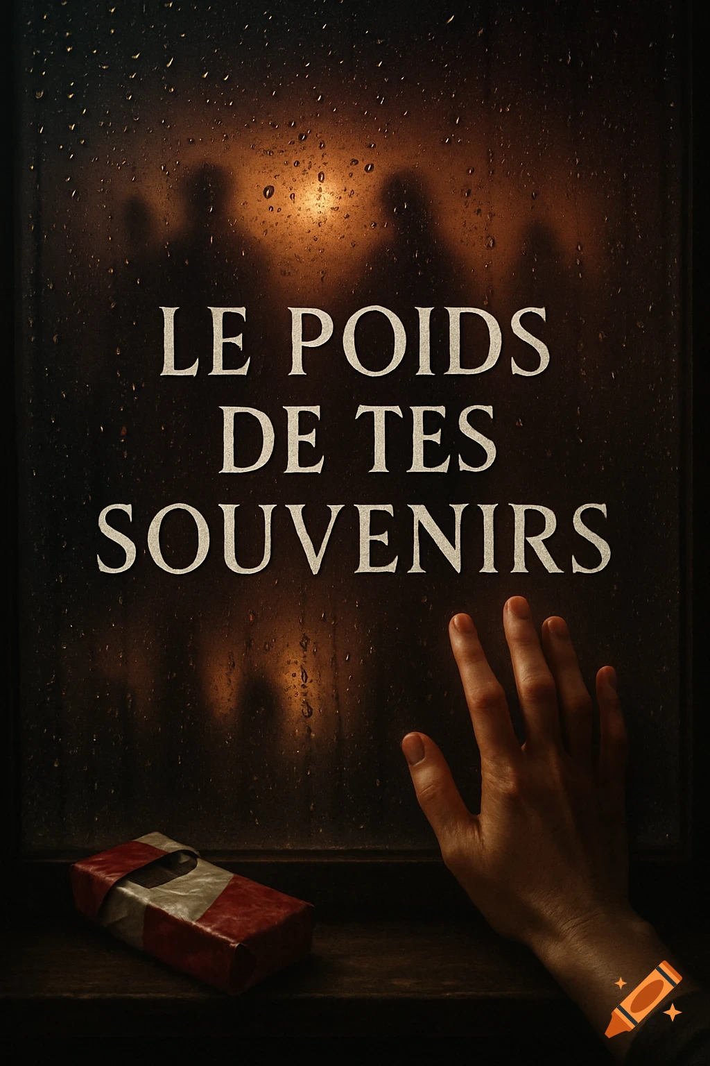 A moody, photorealistic book cover showing a hand touching a rain-streaked window pane. The title "LE POIDS DE TES SOUVENIRS" is prominent.
