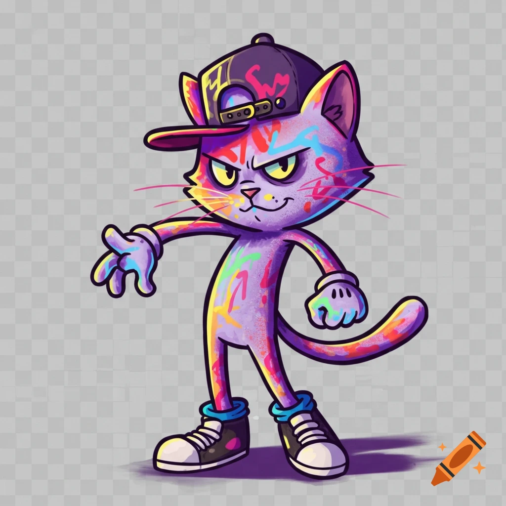 A rebellious cartoon cat with a purple body and colorful spray paint marks, wearing a backward cap and sneakers, stands with a playful smirk on a transparent background.