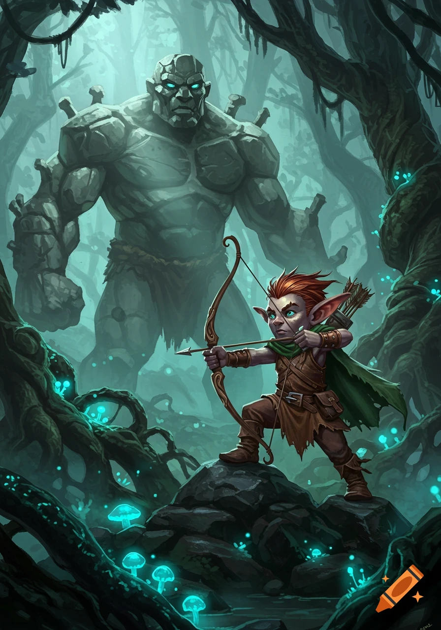 A small gnome archer aims a bow at a massive stone golem in a bioluminescent fantasy forest.