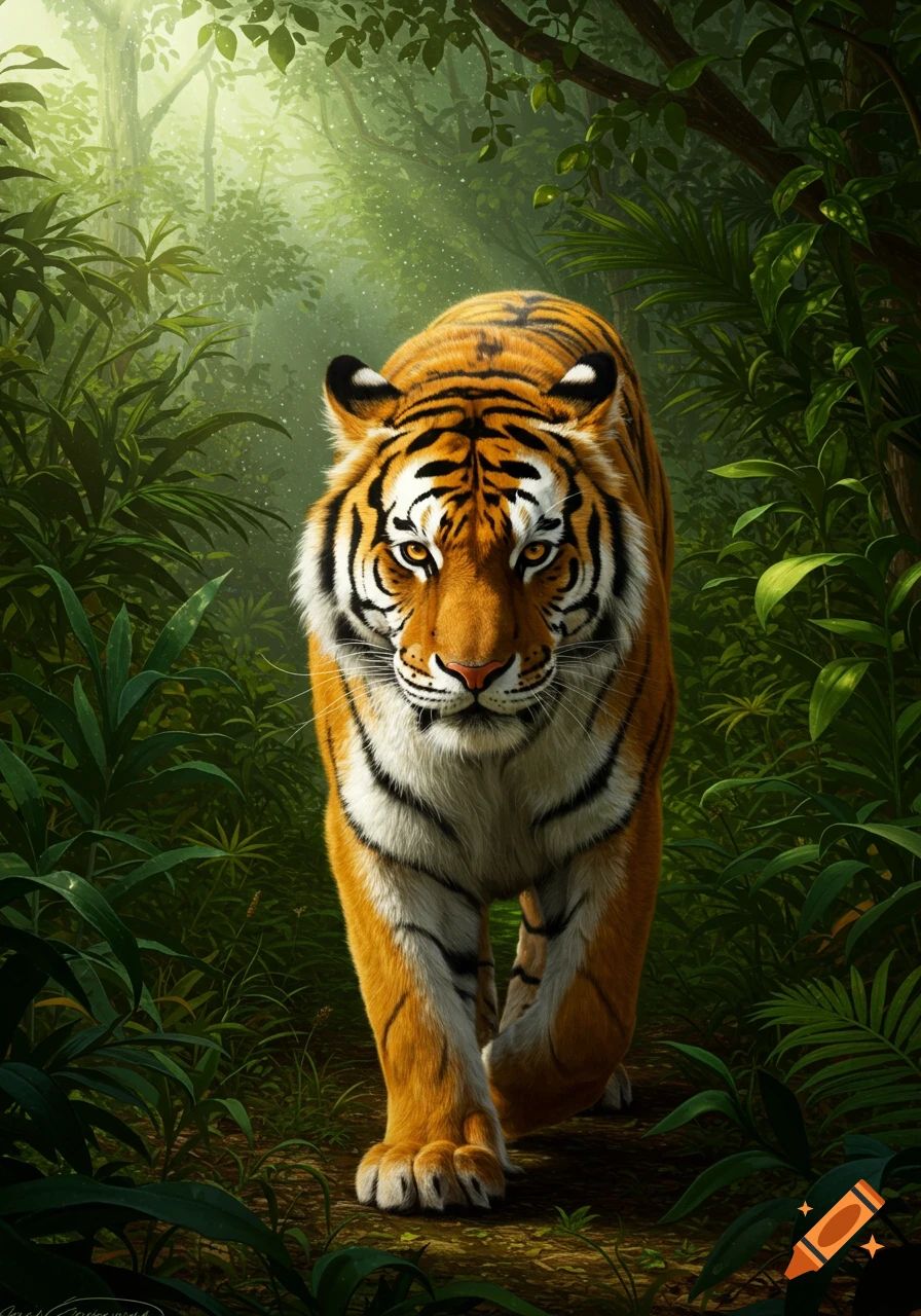 A majestic tiger walks forward on a jungle path, surrounded by dense green foliage, in a photorealistic painting.