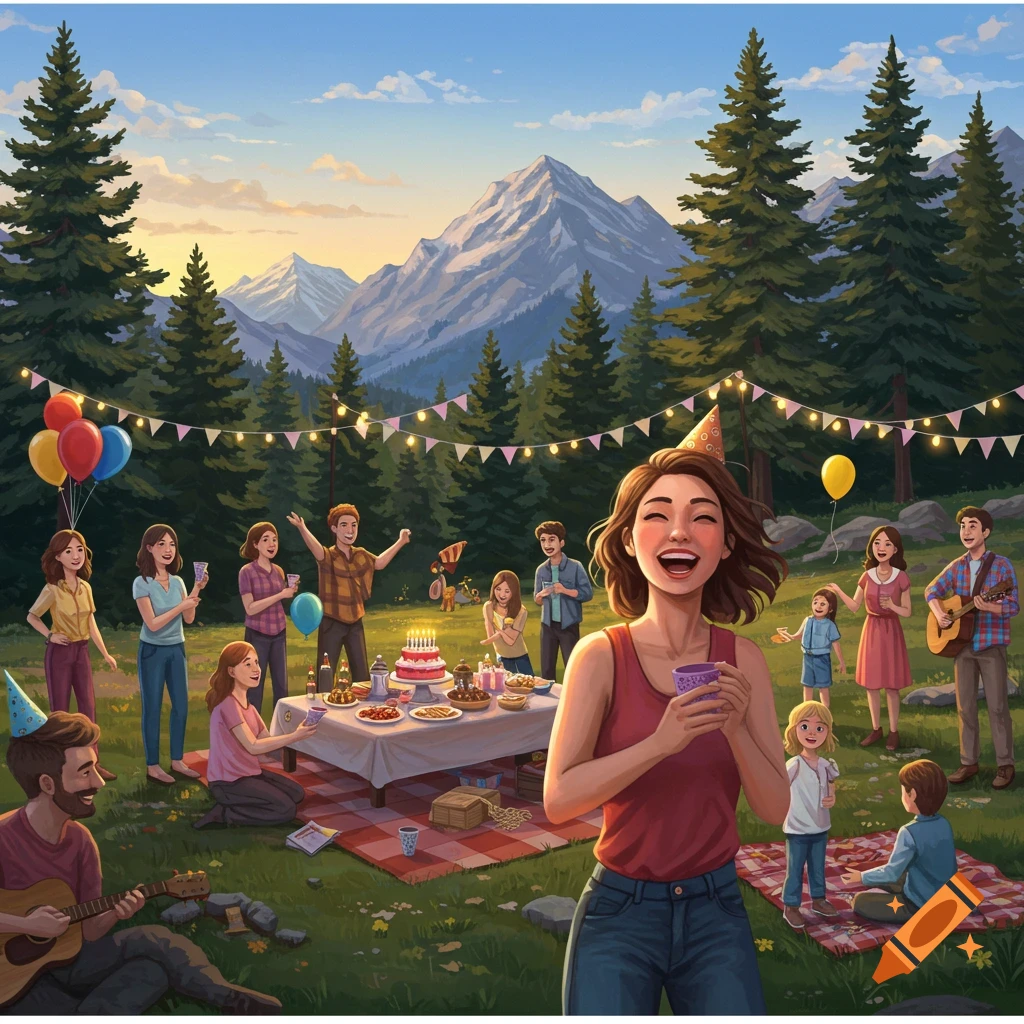Illustration of a cheerful birthday party outdoors in the mountains with many people, a cake, balloons, and string lights.