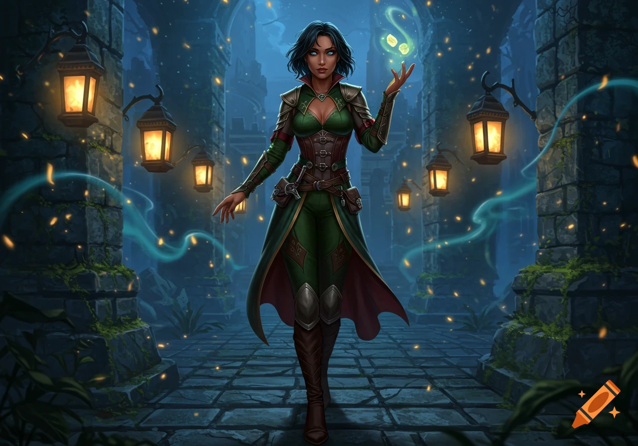 A tan-skinned woman with dark blue eyes and black hair, dressed in a green and brown medieval outfit, stands in a stone corridor with lanterns, holding glowing magic.