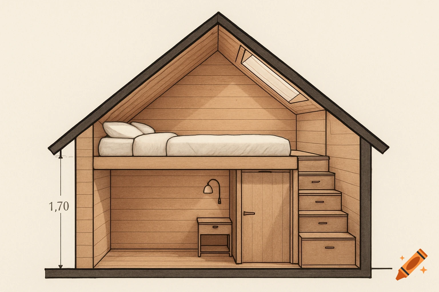 Architectural illustration of an attic bedroom cross-section with a raised bed, stairs, door, and a 1.70m height measurement.