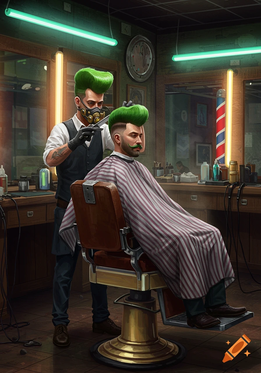 A masked barber with a green pompadour gives a haircut to a client with a matching green pompadour in a stylized barbershop.