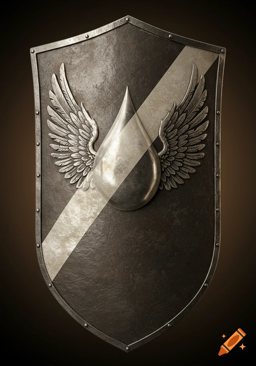 A detailed medieval heater shield features a silver diagonal stripe across a dark, textured background, with a metallic winged teardrop emblem centered.