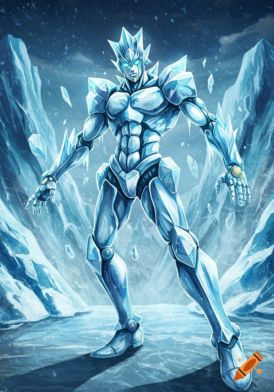A muscular, humanoid figure made of ice stands in an icy mountain landscape, with ice shards floating around. Anime style.