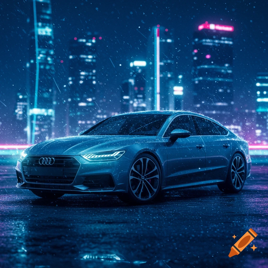 A blue Audi A7 sedan parked on a wet street at night, with a blurry city skyline lit by neon lights in the background under falling rain.