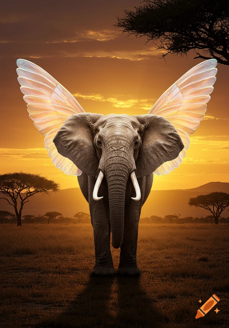 A majestic elephant with glowing wings stands in a golden savanna at sunset.