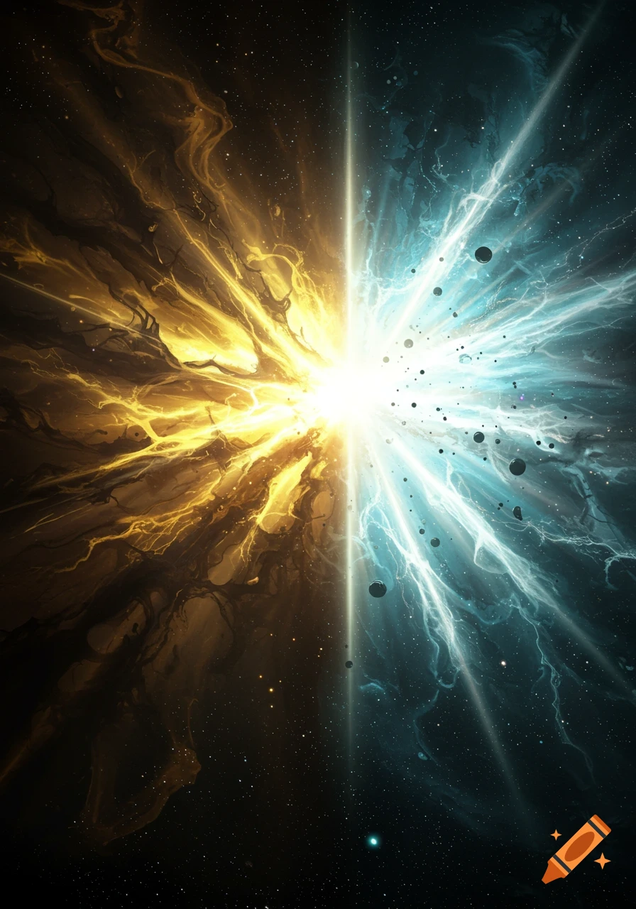 An abstract cosmic explosion with golden energy on the left and blue-white energy on the right, meeting at a bright central light.