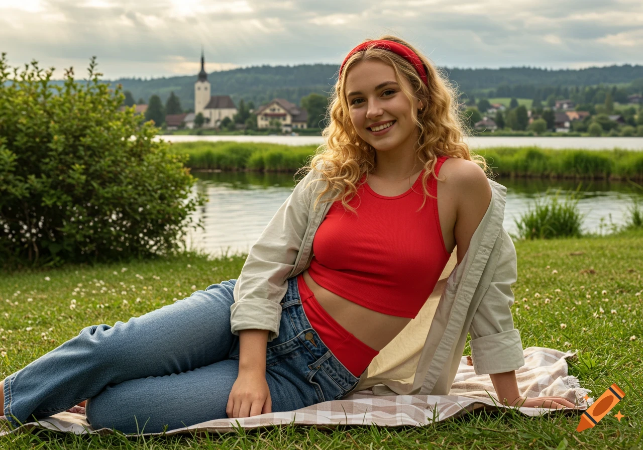 A smiling young woman with wavy blonde hair and a red headband sits on a picnic blanket by a lake, wearing a red crop top, open shirt, and jeans, with a village and church in the background.