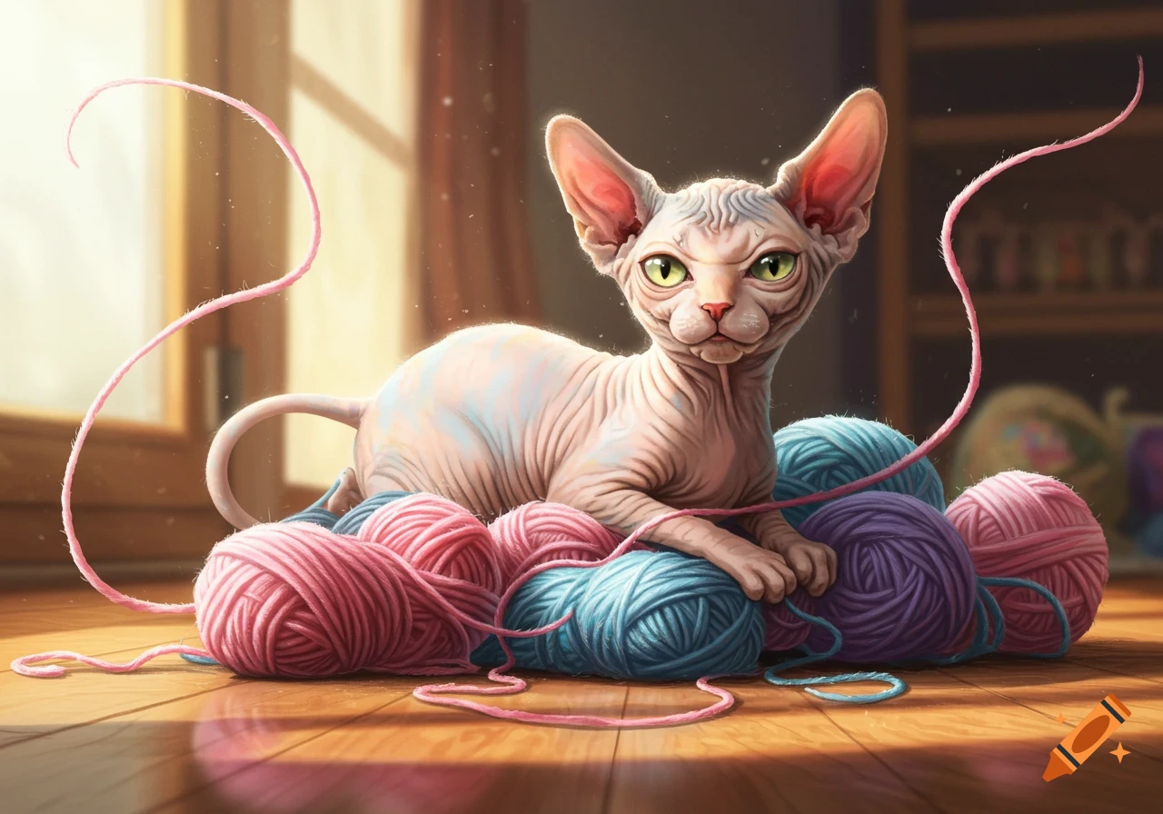 A Sphynx cat with green eyes sits among colorful balls of pink, blue, and purple yarn, with loose strands around it, on a wooden floor.