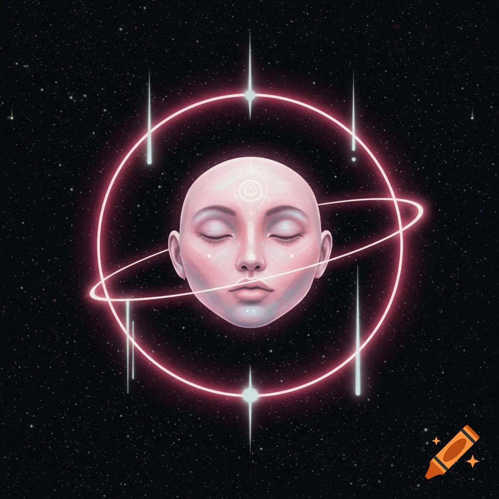 A bald, pale head with closed eyes, surrounded by a glowing pink ring and shooting stars in a cosmic, surreal style.