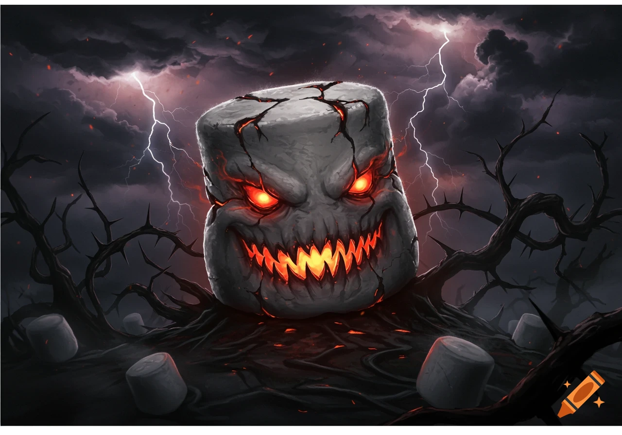 Dark fantasy illustration of an evil marshmallow monster with glowing red eyes and jagged mouth, surrounded by thorny branches and lightning.