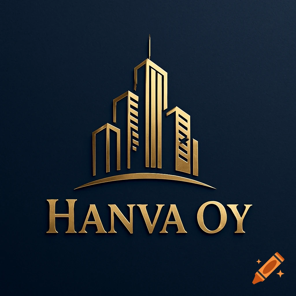 Golden stylized skyscraper logo with 'HANVA OY' text on a dark blue background.
