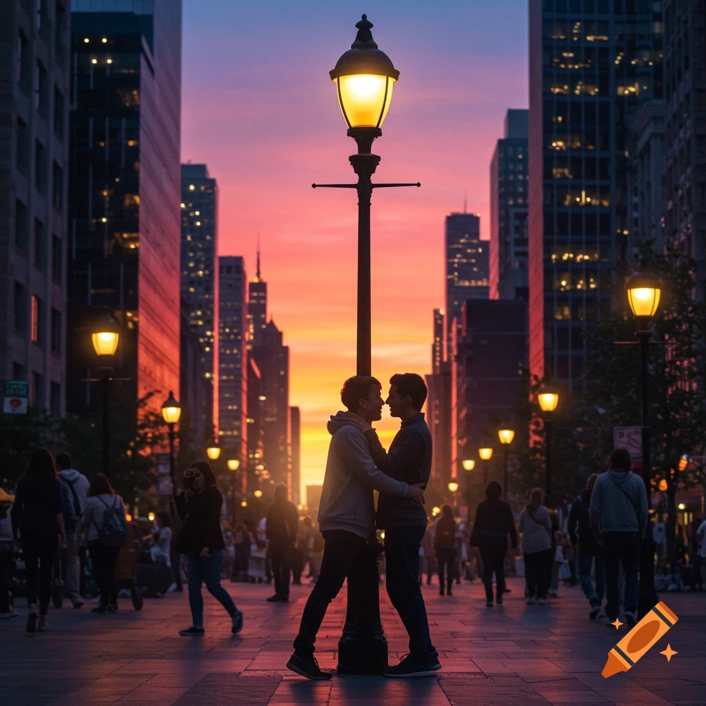 Two men embrace by a lamppost on a city street during a vibrant sunset, with tall buildings and blurred pedestrians in the background.