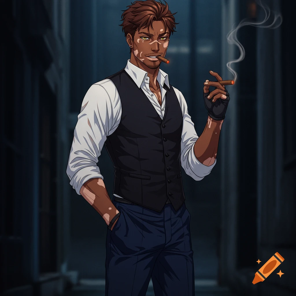 Handsome anime man with vitiligo around his eyes, brown hair, and golden eyes, wearing a white shirt, black vest, blue pants, and fingerless gloves, smoking a cigar.