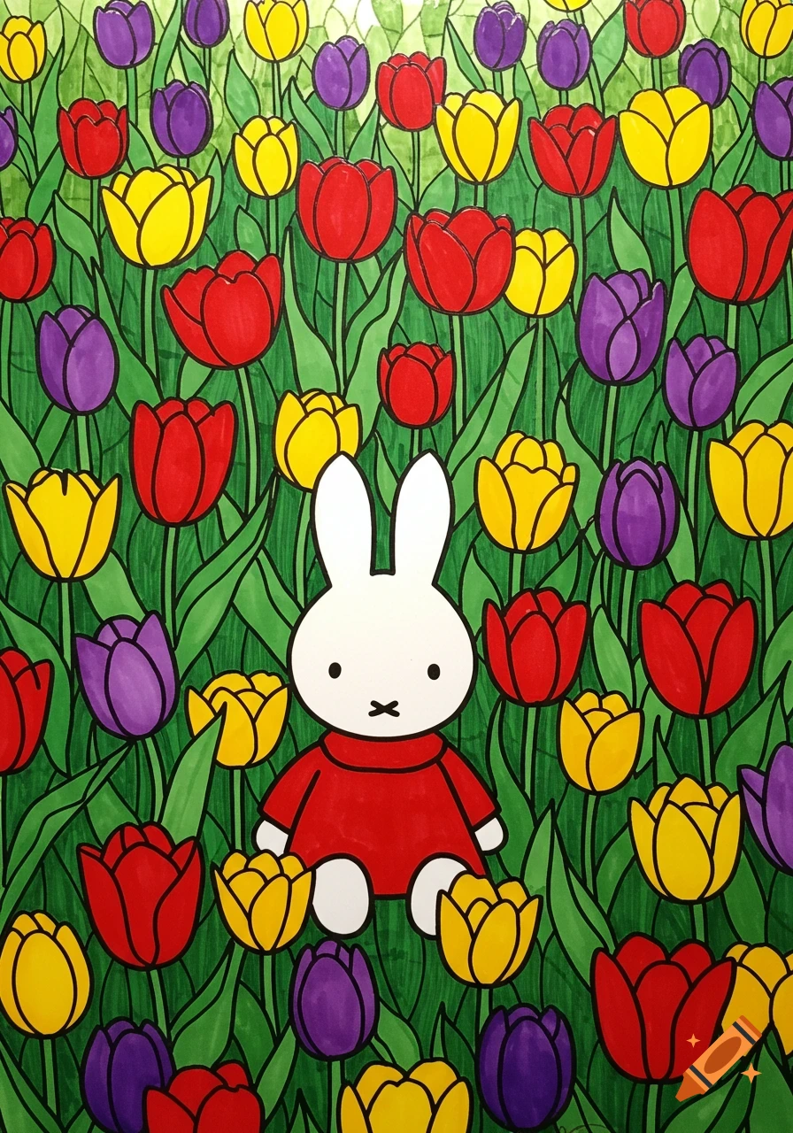 A cartoon white bunny with a red dress sits in a field of red, yellow, and purple tulips, in a stained glass art style.