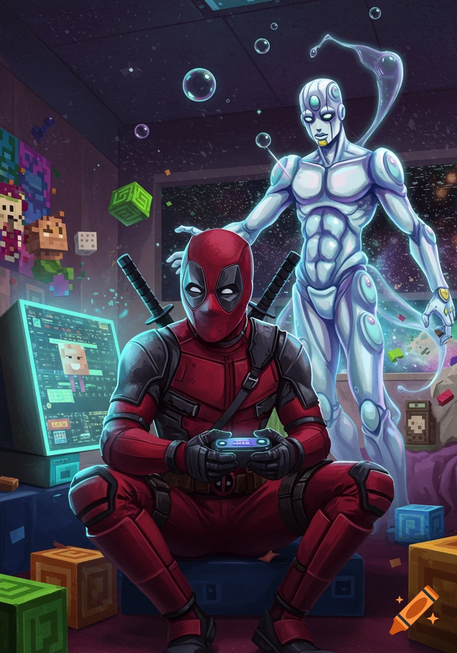 Deadpool plays a video game with Soft & Wet in a room filled with pixelated cubes and a space background.