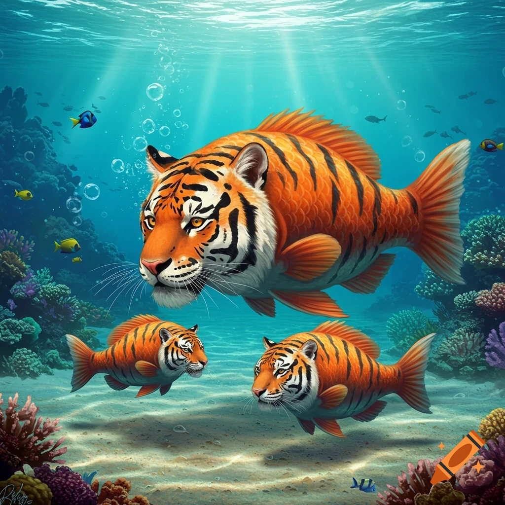 A large tiger-headed fish swims underwater with two smaller tiger-fish, surrounded by colorful coral and small reef fish.