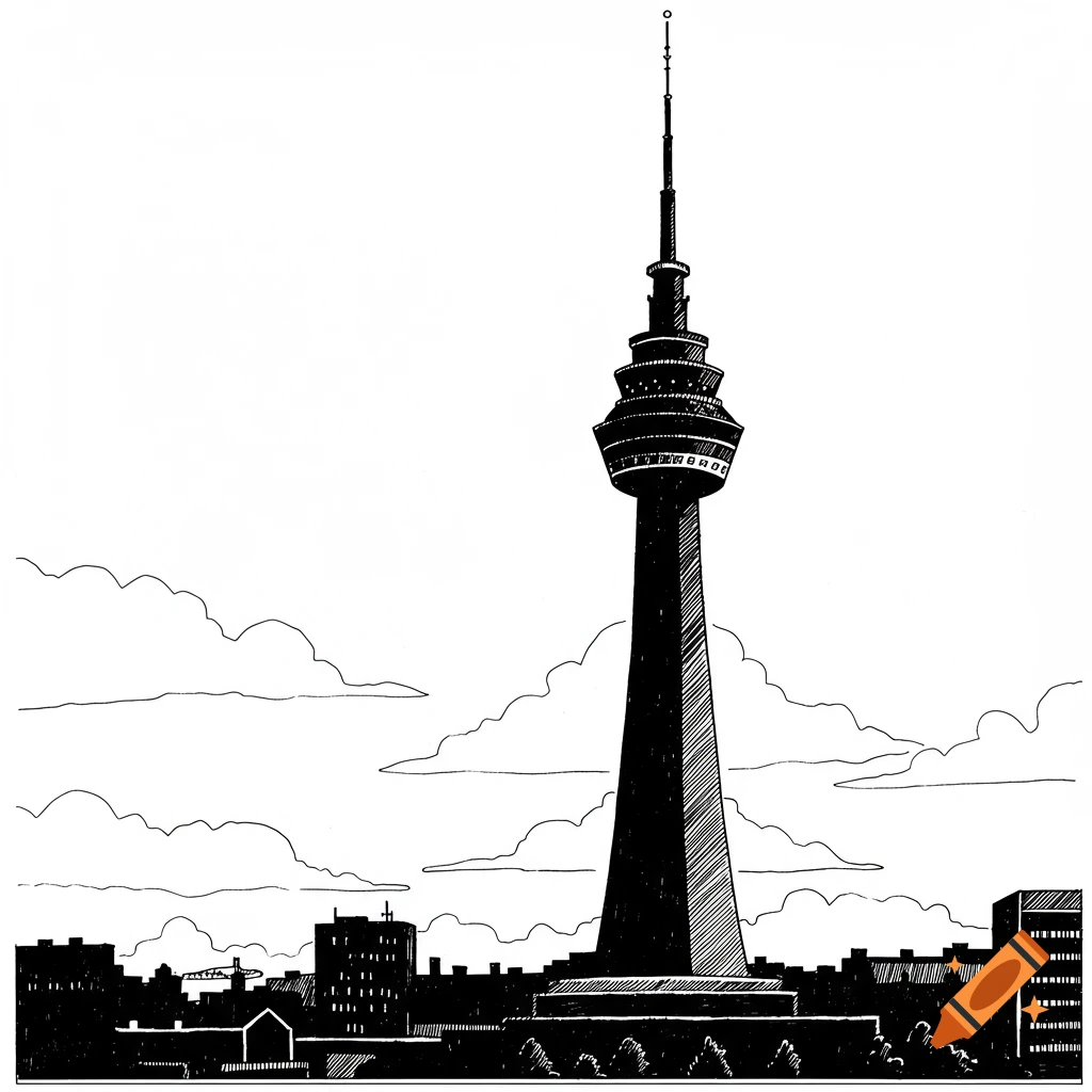 Black and white line drawing silhouette of a tall tower with a city skyline and clouds.
