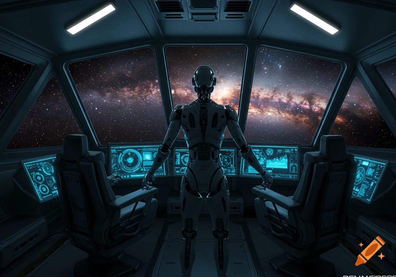 A robot stands in a spaceship cockpit, looking out at a swirling galaxy visible through the front windows. Screens glow with blue light.