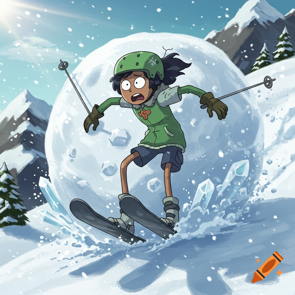 Cartoon Marcy Wu from Amphibia skis downhill, terrified as a giant snowball rolls towards her on a snowy mountain.
