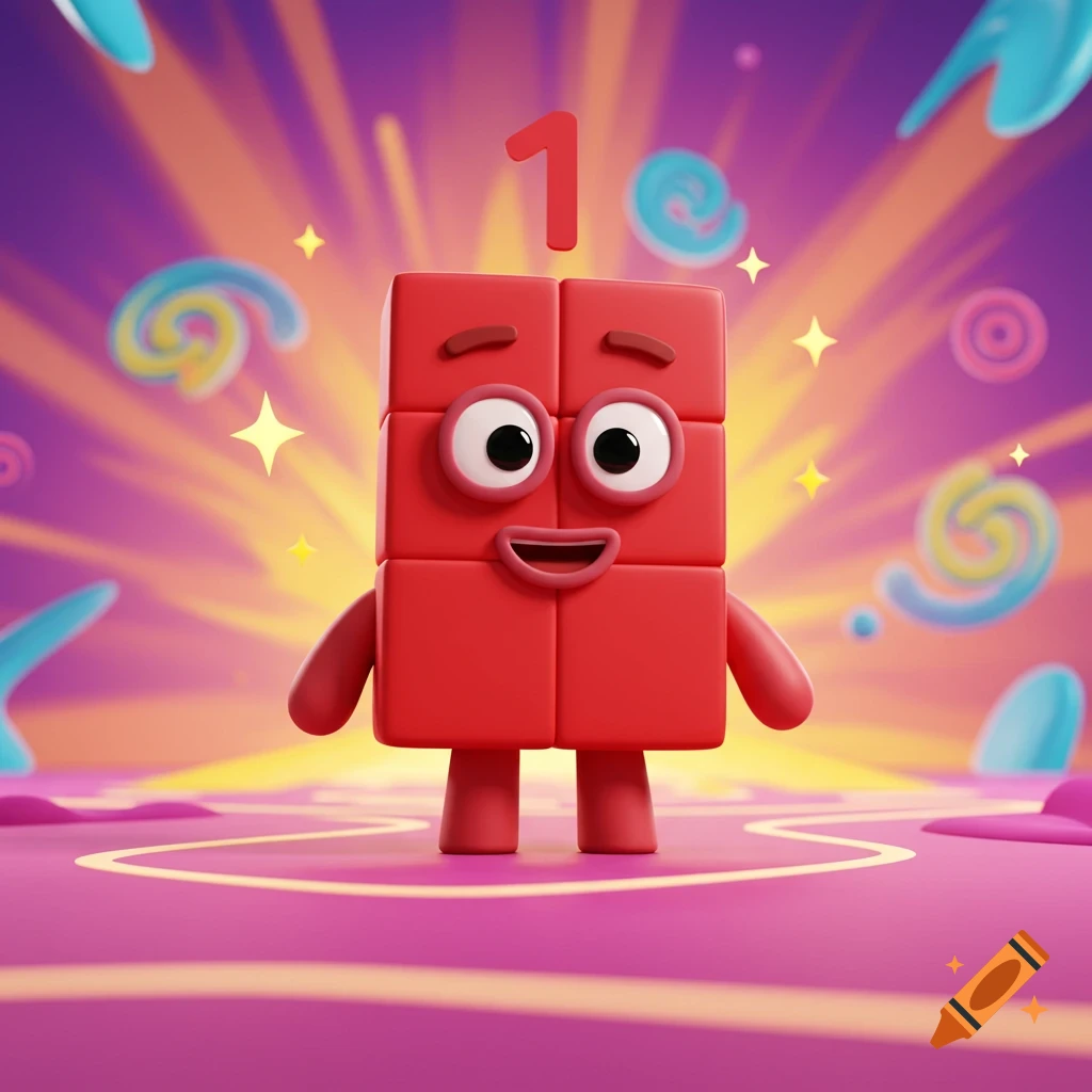 A cheerful red block character with a '1' above its head, in a vibrant, cartoon-style setting.
