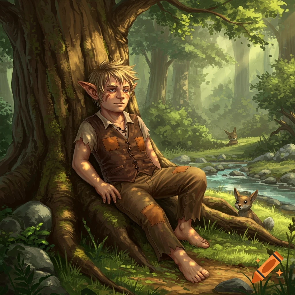 A young blonde halfling boy in patched clothes sits against a tree root in a sunlit forest, with two foxes nearby.