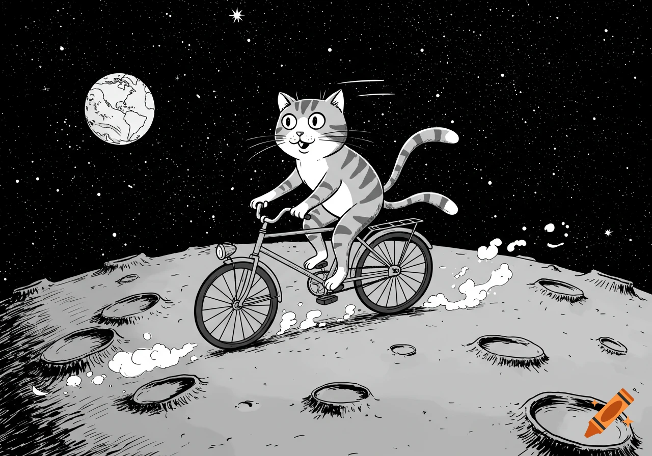 A cartoon gray tabby cat joyfully rides a bicycle on the cratered surface of the moon, with Earth and stars in the black sky.