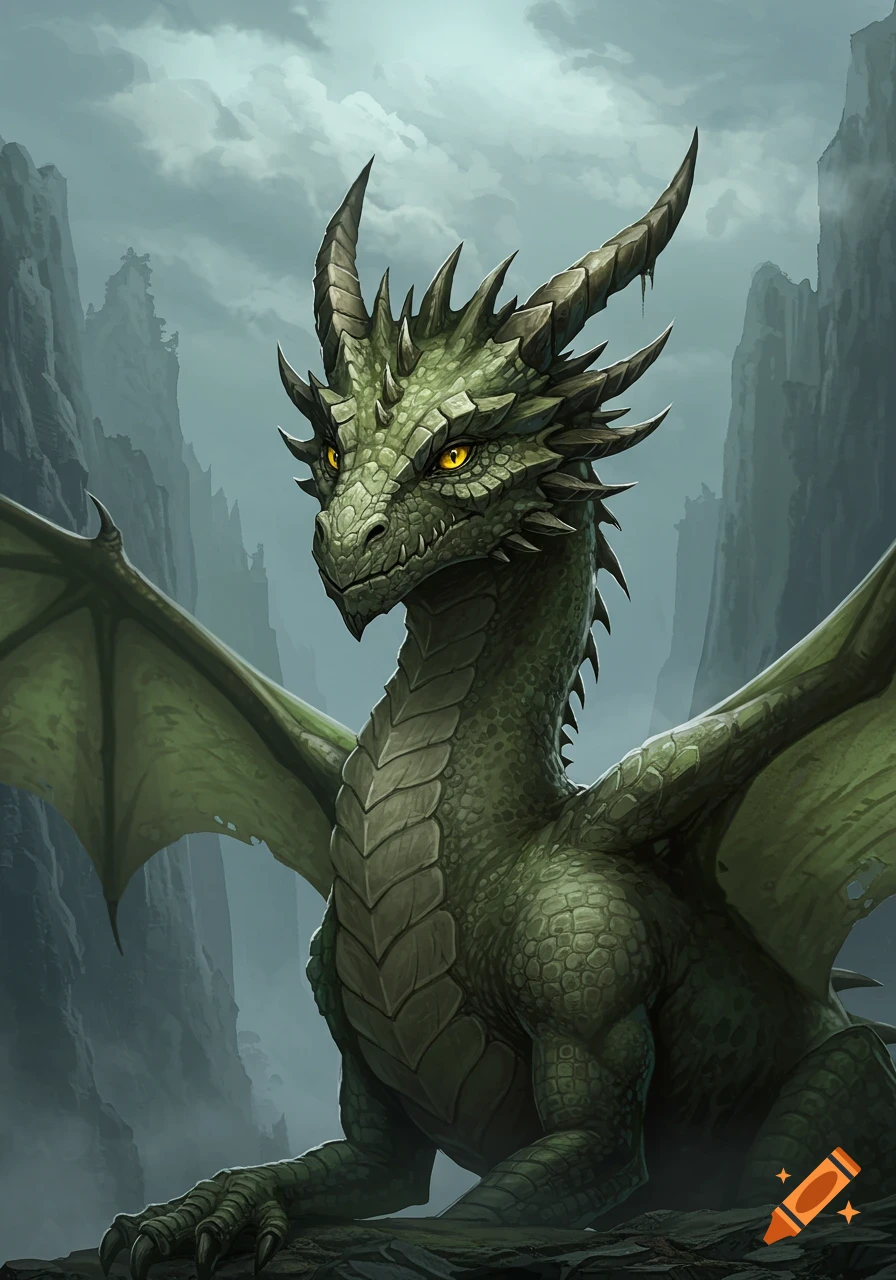 A detailed illustration of a green dragon with yellow eyes and massive wings, perched amidst misty, jagged mountains.