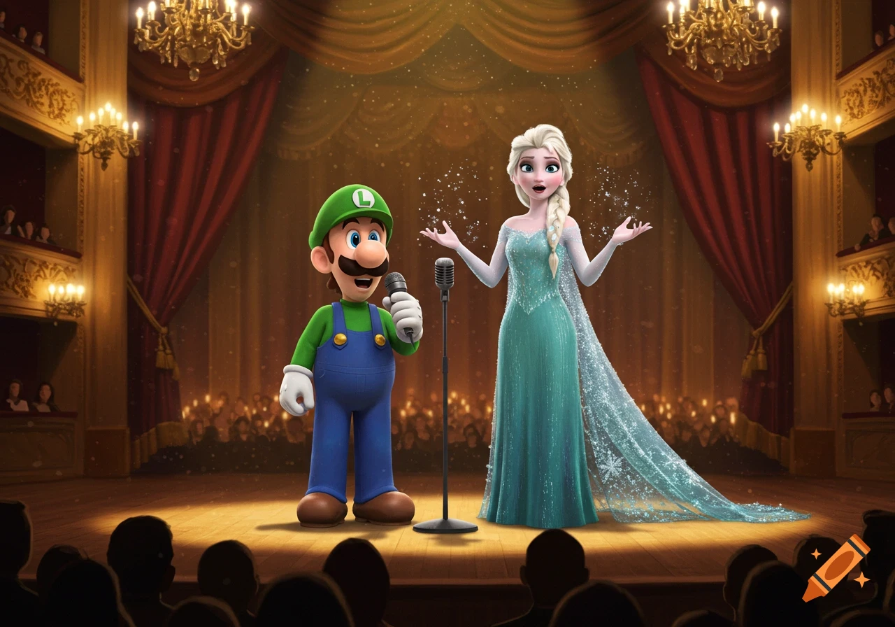 Luigi and Elsa from Frozen sing on a grand theatre stage with chandeliers and a bokeh audience, in an animated style.