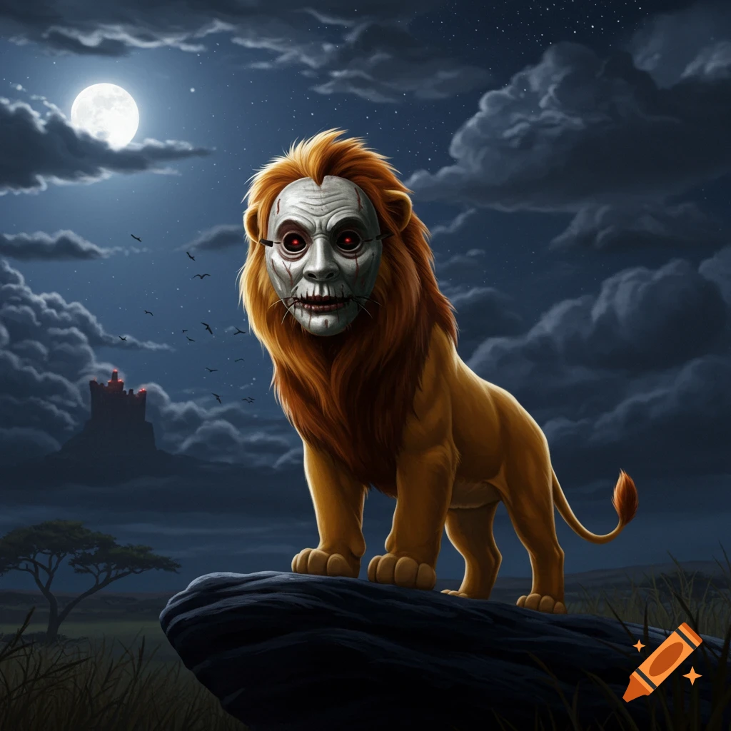 A cartoon lion with a dark mane and a creepy pale mask with red eyes stands on a rock under a full moon, a castle in the distance.