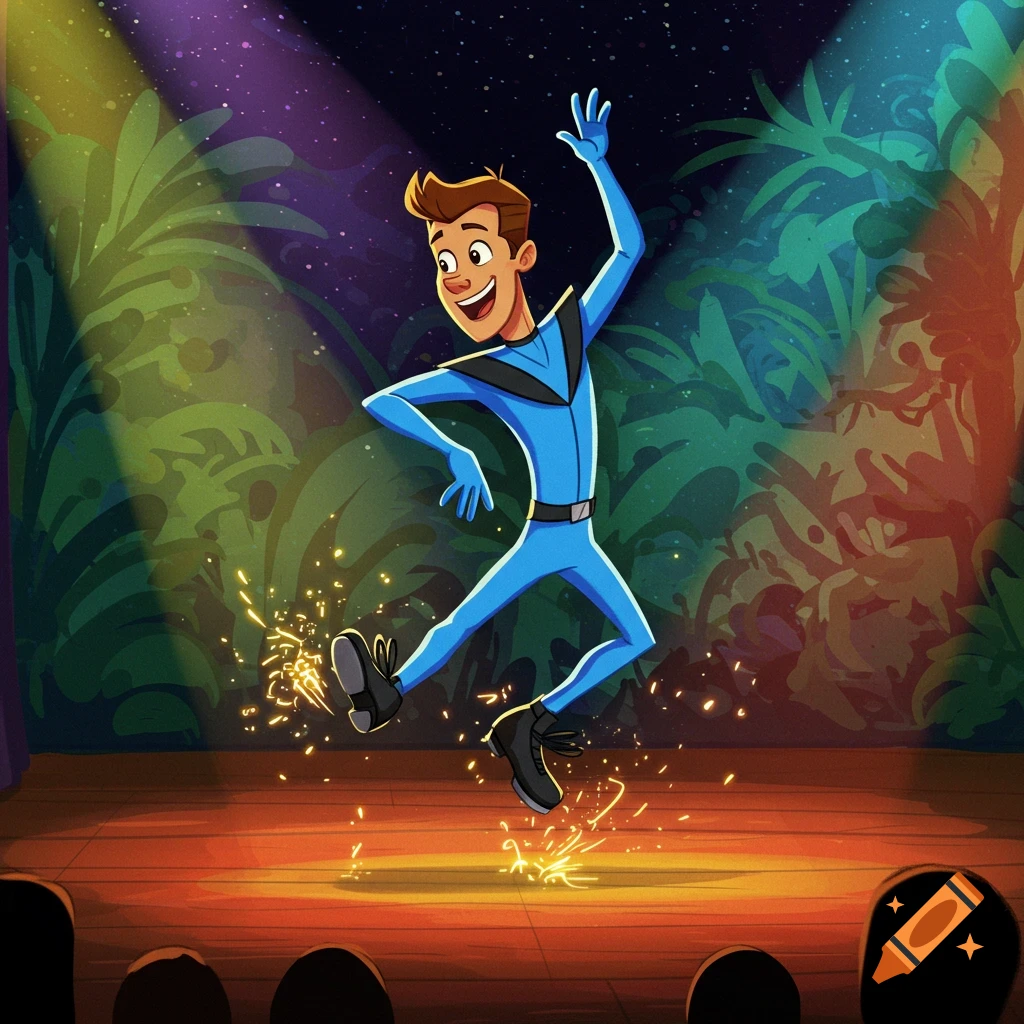 A cartoon man in a blue suit tap dances on a wooden stage, with sparks flying from his shoes under spotlights and a jungle background.
