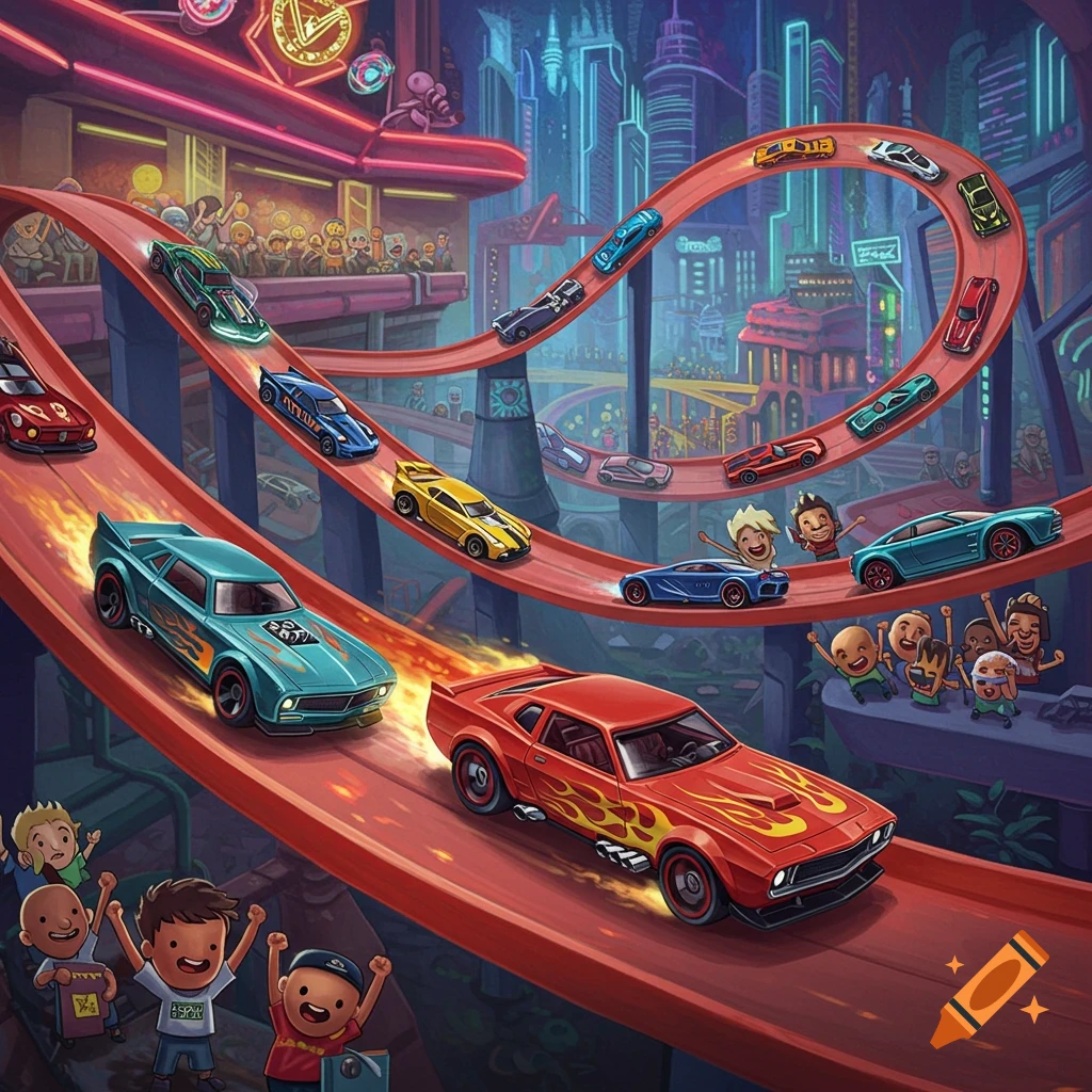 Vibrant cartoon illustration of Hot Wheels cars racing on a red looping track through a futuristic city, cheered on by small toy characters.
