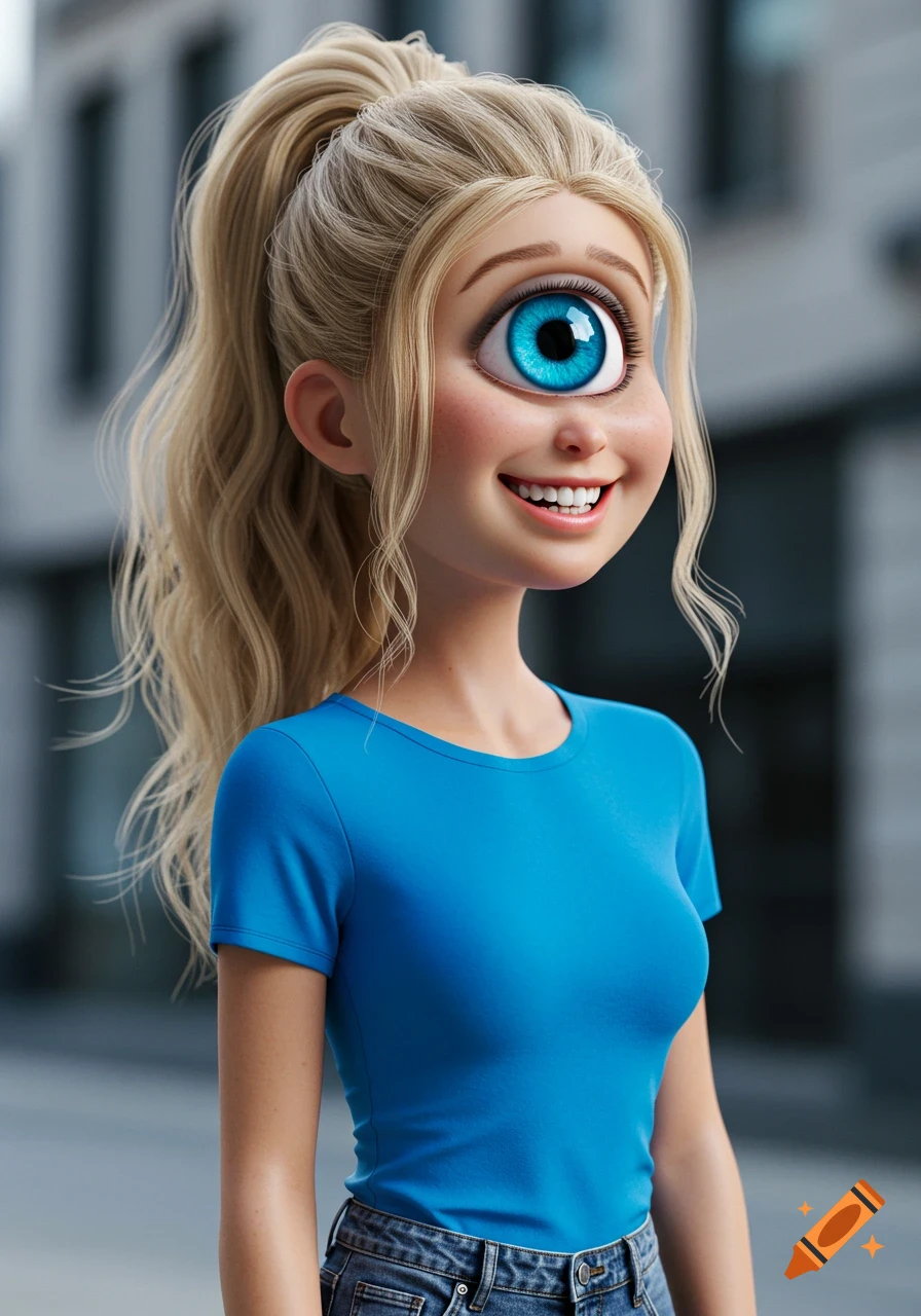 A cartoon-style cyclops woman with blonde hair in a ponytail, wearing a blue t-shirt and jeans, smiles.