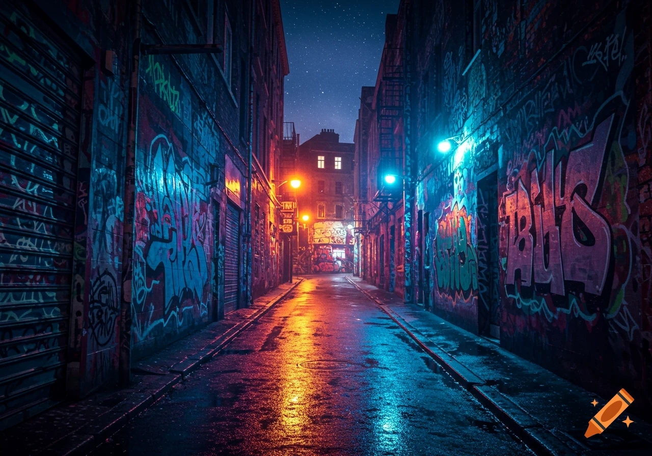 A wet, dark urban alley at night, illuminated by glowing orange and blue streetlights, with walls covered in vibrant neon graffiti.