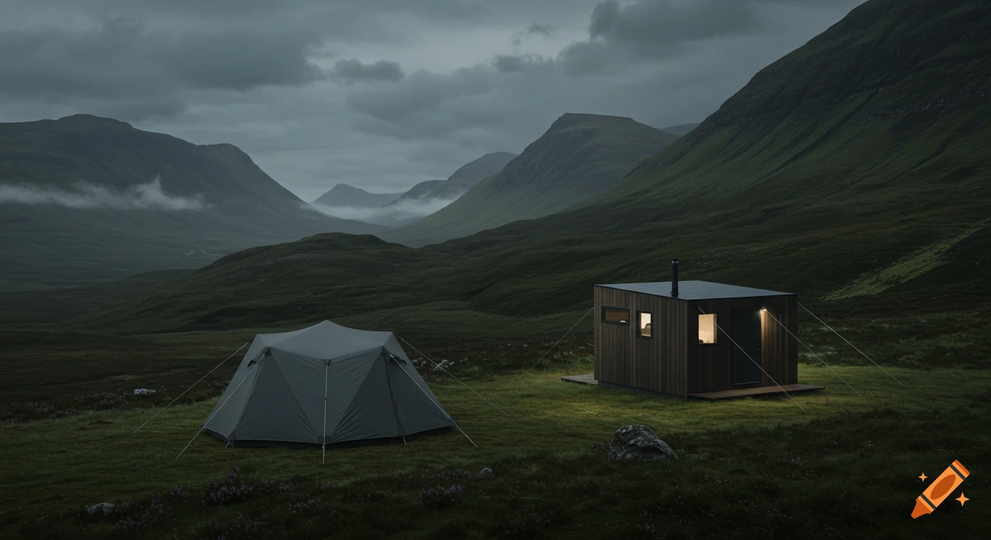 A sleek, modern tent and small cabin in a misty, green mountainous landscape under a cloudy sky.