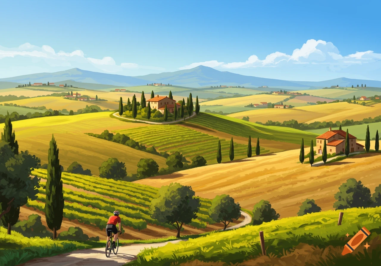 A stylized painting of a Tuscan landscape with rolling golden and green hills, vineyards, scattered houses, and a cyclist on a winding road.
