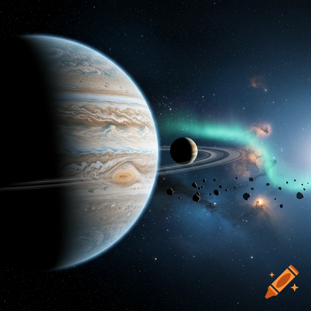 A gas giant planet with visible stripes in space next to a smaller ringed planet, asteroids, and a green aurora.