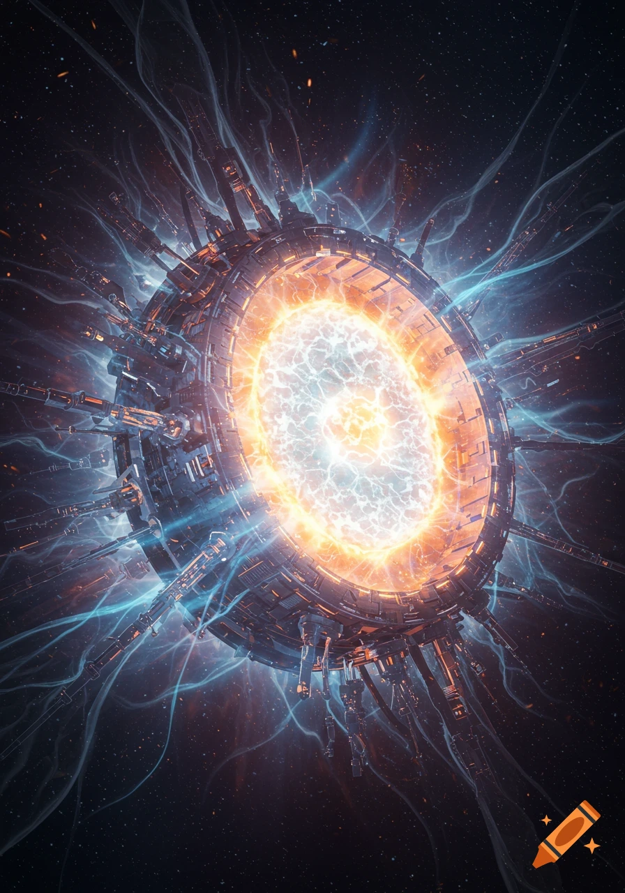 An intricate, glowing futuristic fusion core emits bright energy and blue tendrils in deep space among stars.