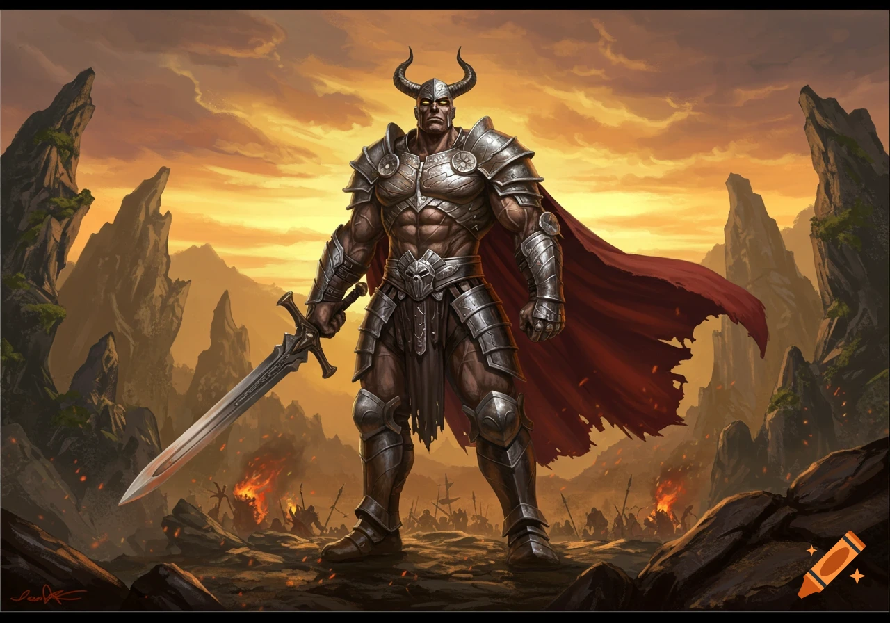 An epic fantasy painting of a muscular, horned warrior in ornate silver armor, holding a large sword on a battle-scarred landscape at sunset.
