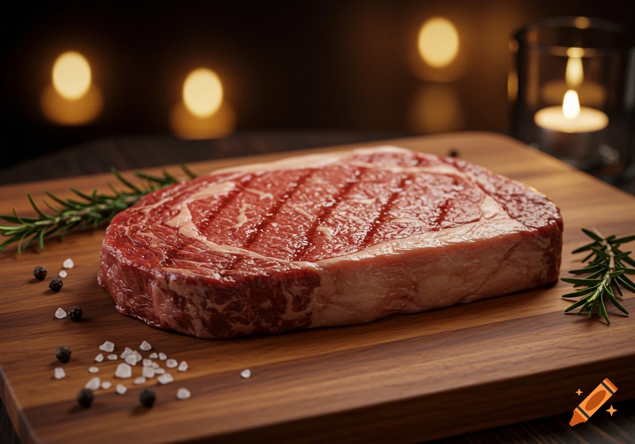 Raw ribeye steak on a wooden board with rosemary, salt, peppercorns, and a lit candle in the background.