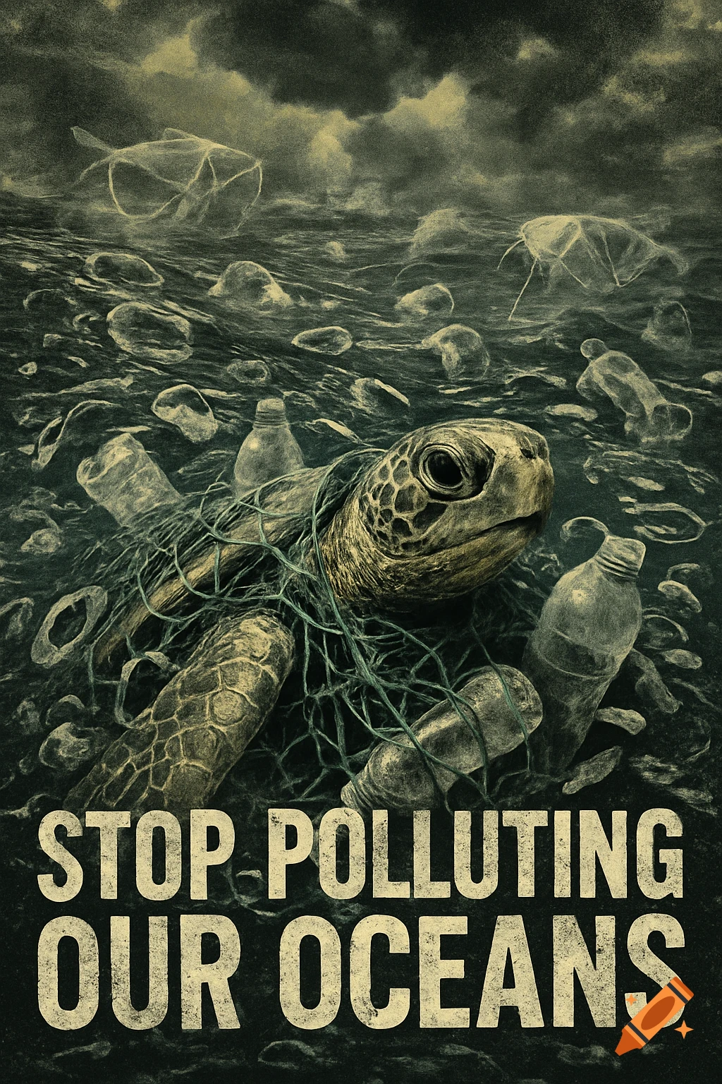 A distressed sea turtle entangled in a fishing net and surrounded by plastic waste in a polluted ocean, with the text 'STOP POLLUTING OUR OCEANS' on a dark, gritty background.