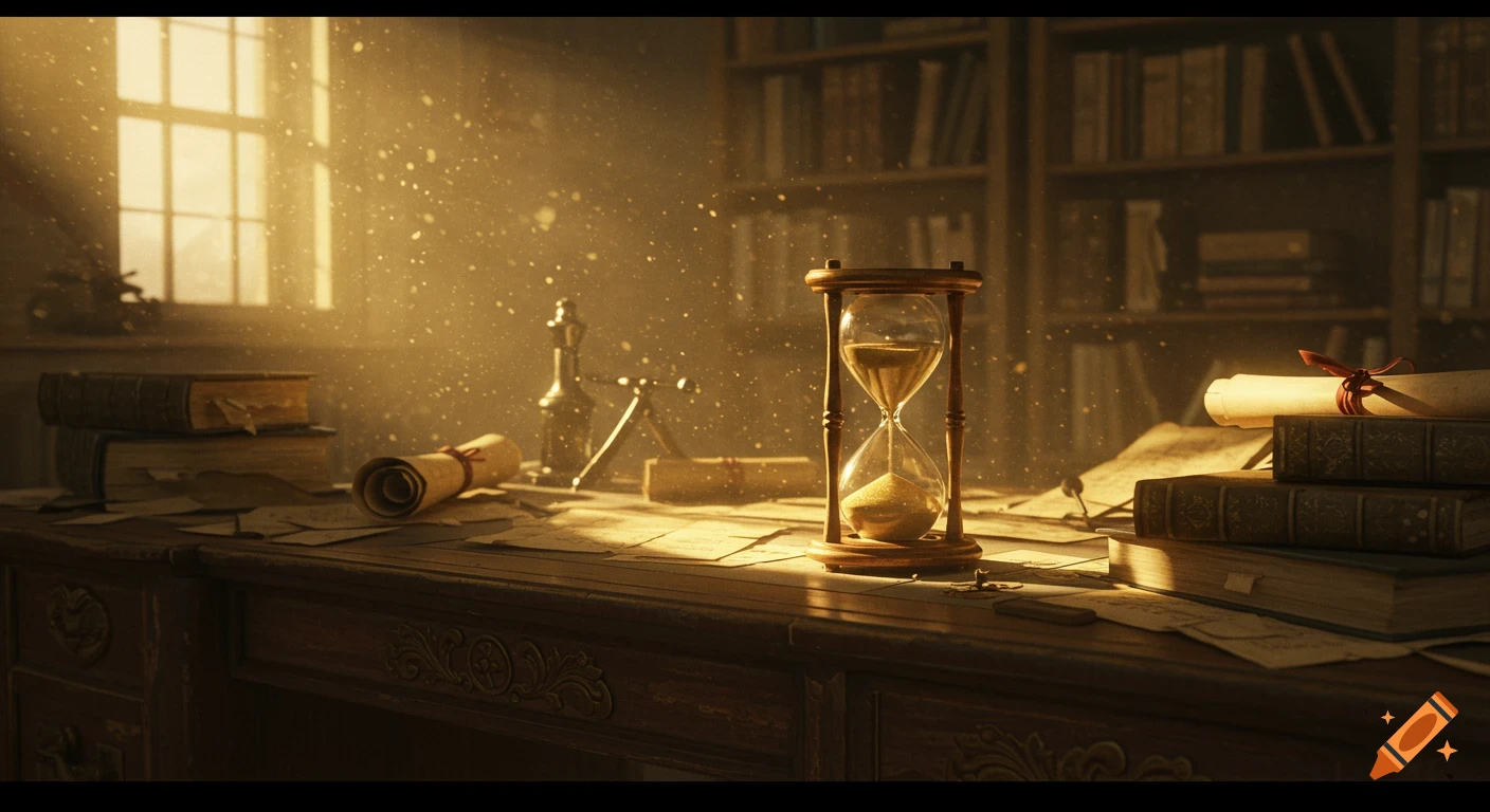 A sunlit, dusty desk in a workshop with an hourglass, old books, and scattered scrolls and papers.