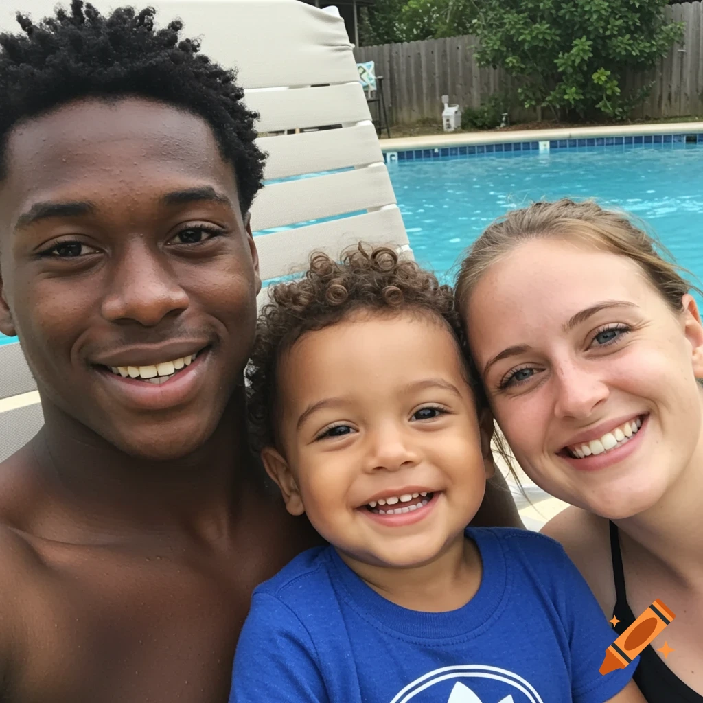 Selfie of a diverse family with a man, woman, and child smiling happily by a swimming pool on a sunny day.