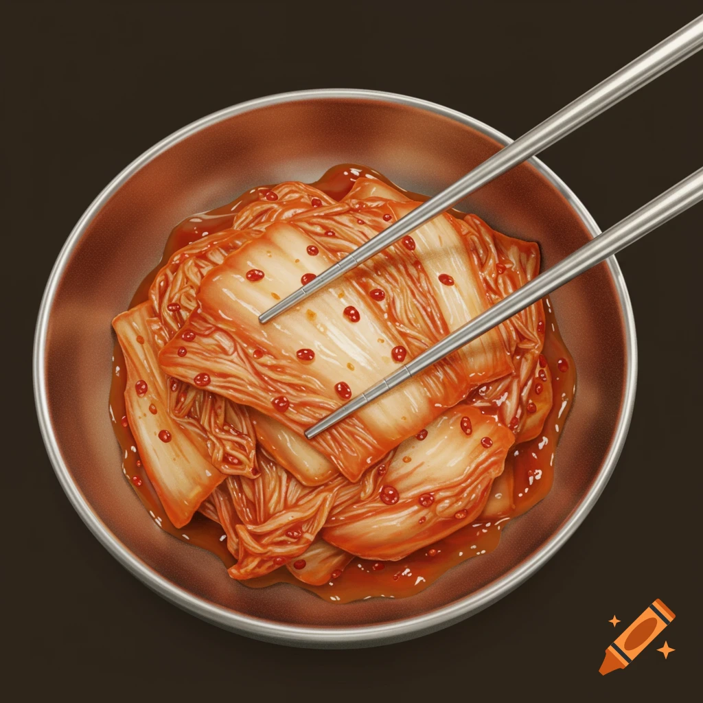 Top-down view of bright red kimchi in a metallic bowl with metal chopsticks, realistic.