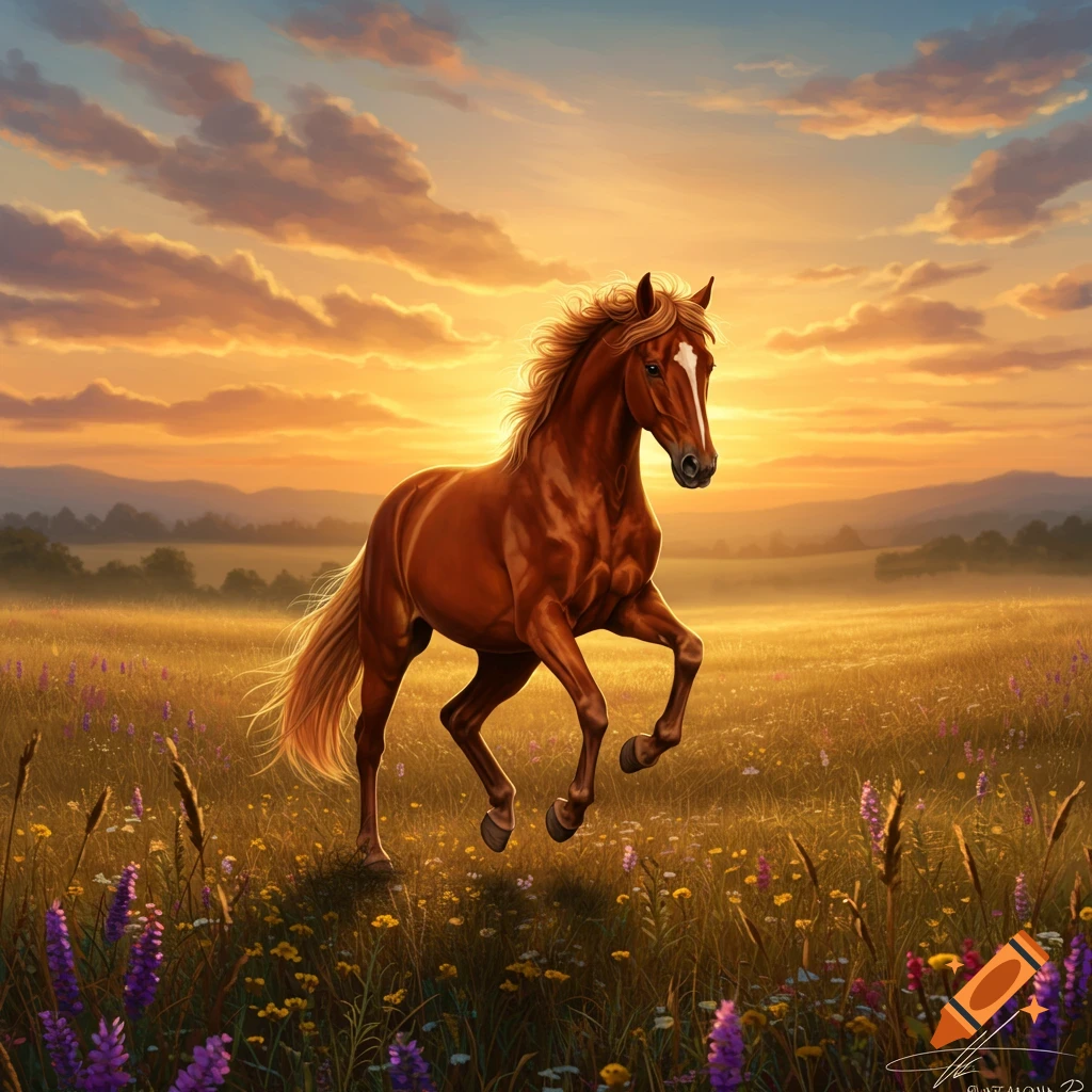 A brown horse prances through a vibrant wildflower field at sunset, with mountains in the background, in a digital painting style.