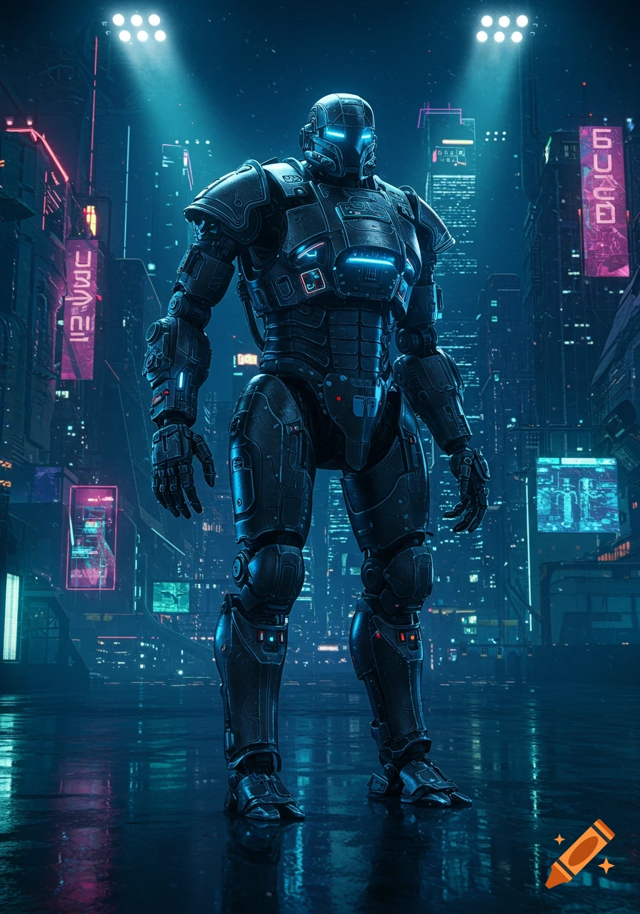 A heavily armored futuristic robot with glowing blue eyes stands in a neon-lit cyberpunk city at night.