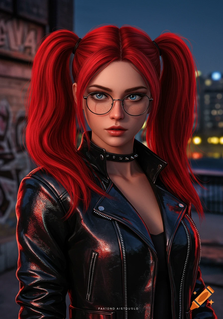 A close-up portrait of a young woman with bright red pigtails, blue eyes, and glasses, wearing a black leather jacket, against an urban background.
