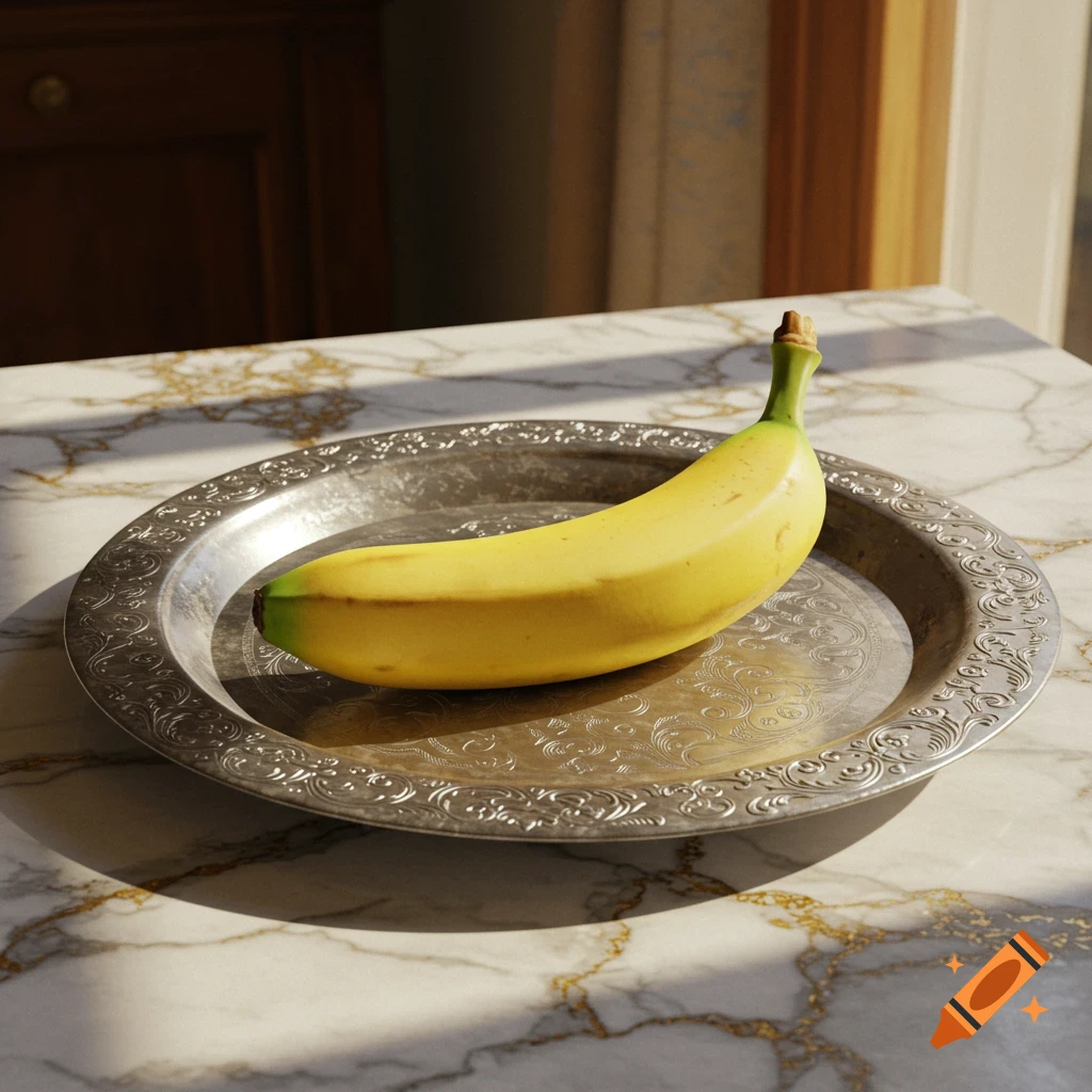 A ripe yellow banana on an ornate silver plate, sitting on a sunlit marble table.